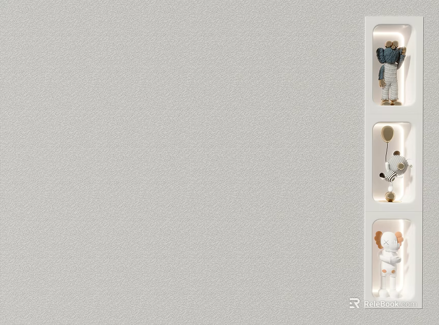 Gray Sofa Backdrop Wall with Three White Square Frames and Small Ornaments on Right 3d model 