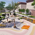 Urban Park Landscape with Lush Trees Benches Paved Areas Circular Seats and People Enjoying