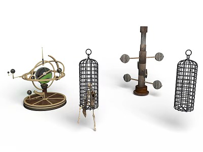Vintage Ornamental Decor Pieces Featuring Armillary Sphere Metal Birdcage And Wooden Weathervane 3d model