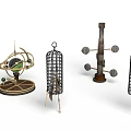 Vintage Ornamental Decor Pieces Featuring Armillary Sphere Metal Birdcage And Wooden Weathervane