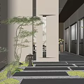 Traditional Chinese Teahouse Courtyard With Stone Path Pine Tree And Calligraphy Wall