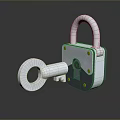 Silver Metallic Lock And Key With Shiny Reflection On Dark Background Surface 3d model