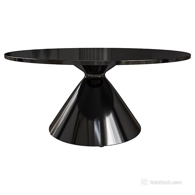 Modern Black Round Coffee Table With Conical Metal Base And Sleek Glossy Surface 3d model 