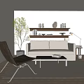 Modern Living Room Interior With Beige Sofa Black Chair Coffee Table Shelf And Floor Lamp