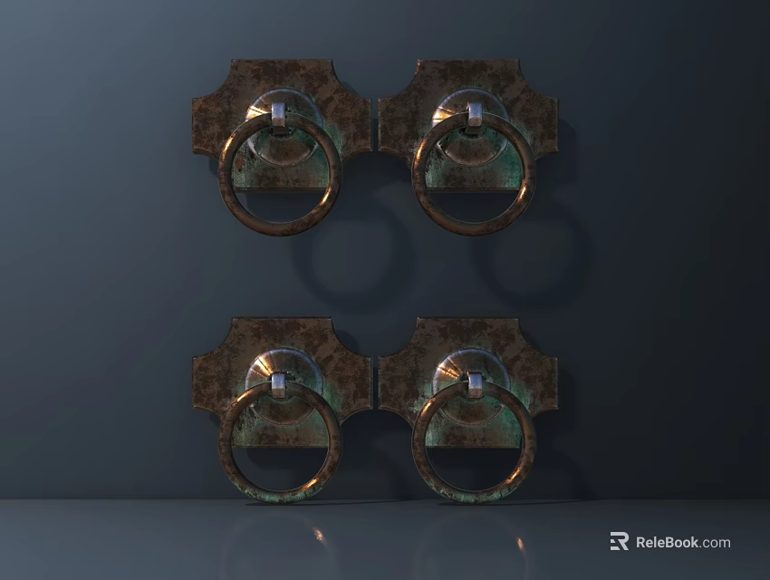 Four Vintage Copper Metal Pull Handles Mounted On Dark Background With Glossy Finish 3d model 