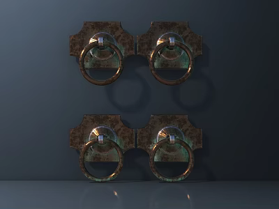 Four Vintage Copper Metal Pull Handles Mounted On Dark Background With Glossy Finish 3d model