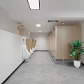 Modern Minimalist Public Toilet Wash Area With Large Backlit Mirror Marble Countertop And Wooden Cabinets