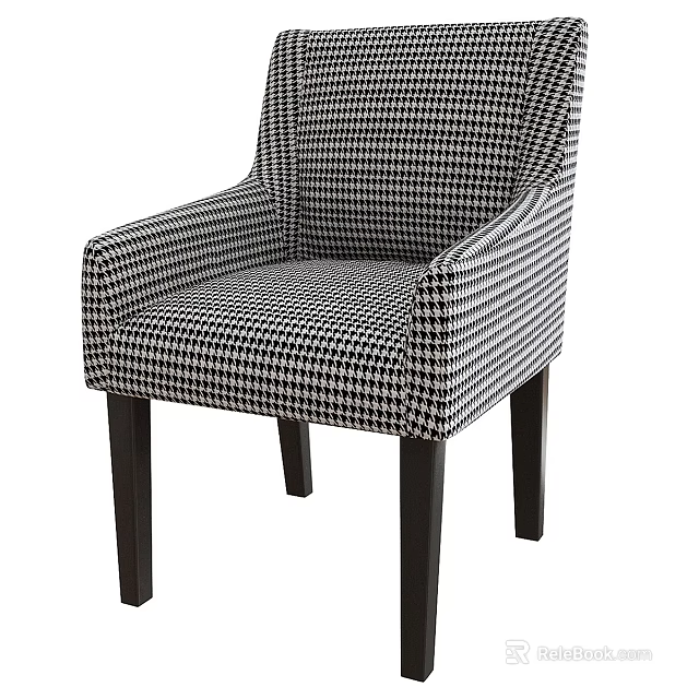 Classic Houndstooth Pattern Upholstered Dining Chair With Armrest And Black Wooden Legs 3d model 