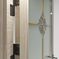 Modern Swing Door With Wooden Frame Glass Panel Golden Lines And Decorative Floral Patterns