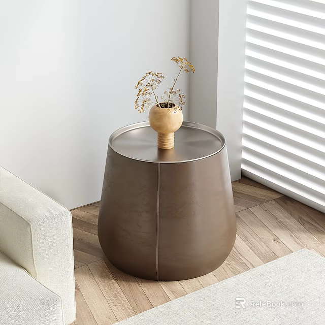 Brown Leather Round Top Side Table With Vase And Dried Flowers By White Sofa 3d model 