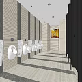 Public Restroom Interior With Wooden Walls Black Stalls Marble Sinks Ceiling Lights And Wall Painting