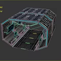 Cartoon Scene of Futuristic Solar Panel Structure with Metal Frame and Blue Neon Lights Interior