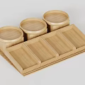 Bamboo Display Shelf With Round Wooden Bowls And Rectangular Trays 3d model