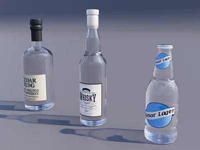 Different Types of Beverage Bottles Including Tequila Reposado Whisky and Mineral Water 3d model