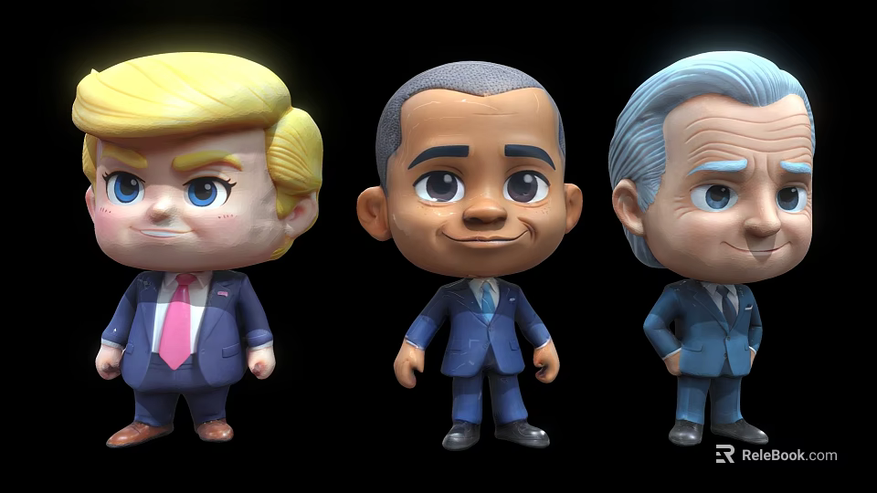 Cartoon Men Figurines in Formal Suits With Different Hairstyles Standing Against Black Background 3d model 