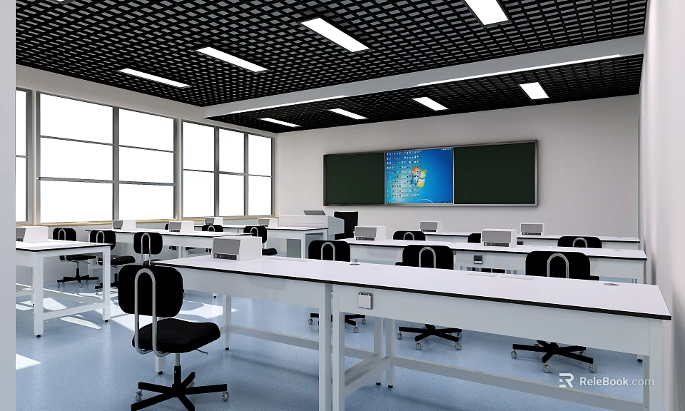 Modern School Computer Classroom With Desks Chairs Blackboard Digital Screen Windows And Grid Ceiling Lighting 3d model 