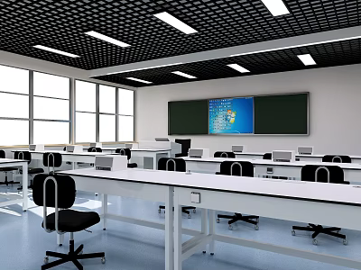 Modern School Computer Classroom With Desks Chairs Blackboard Digital Screen Windows And Grid Ceiling Lighting 3d model