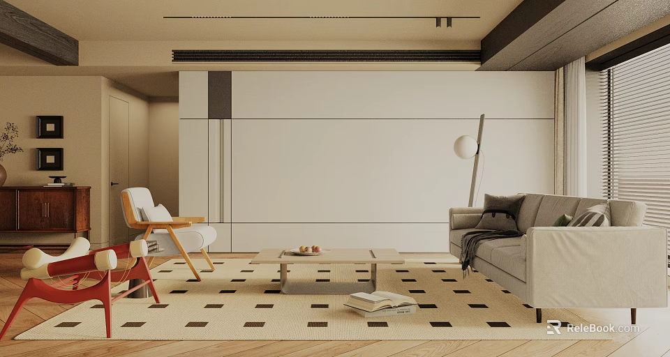Modern Living Room Interior With Geometric Rug Sofa Coffee Table And Floor Lamp 3d model 