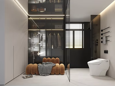 Modern Walk in Closet Interior With Hanging Clothes Cozy Seat And Ambient Lighting 3d model
