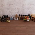 Spice Bottles Arranged With Kitchen Utensils On Wooden Floor Against Textured Wall