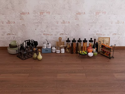 Spice Bottles Arranged With Kitchen Utensils On Wooden Floor Against Textured Wall 3d model