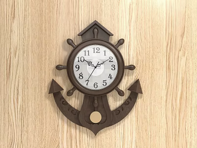 Wooden Nautical Clock With Ship Wheel Design And Anchor Decoration On Wooden Wall Background 3d model