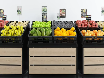 Fruit Display Shelves with Black and Wooden Design Organizing Fresh Fruits in Baskets 3d model