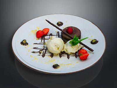 Delicious Chocolate Dessert With Vanilla Ice Cream Fresh Strawberries And Mint Leaf 3d model