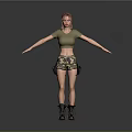 Woman In Green Cropped Top And Camouflage Shorts With Black Boots Arms Outstretched Gray Background