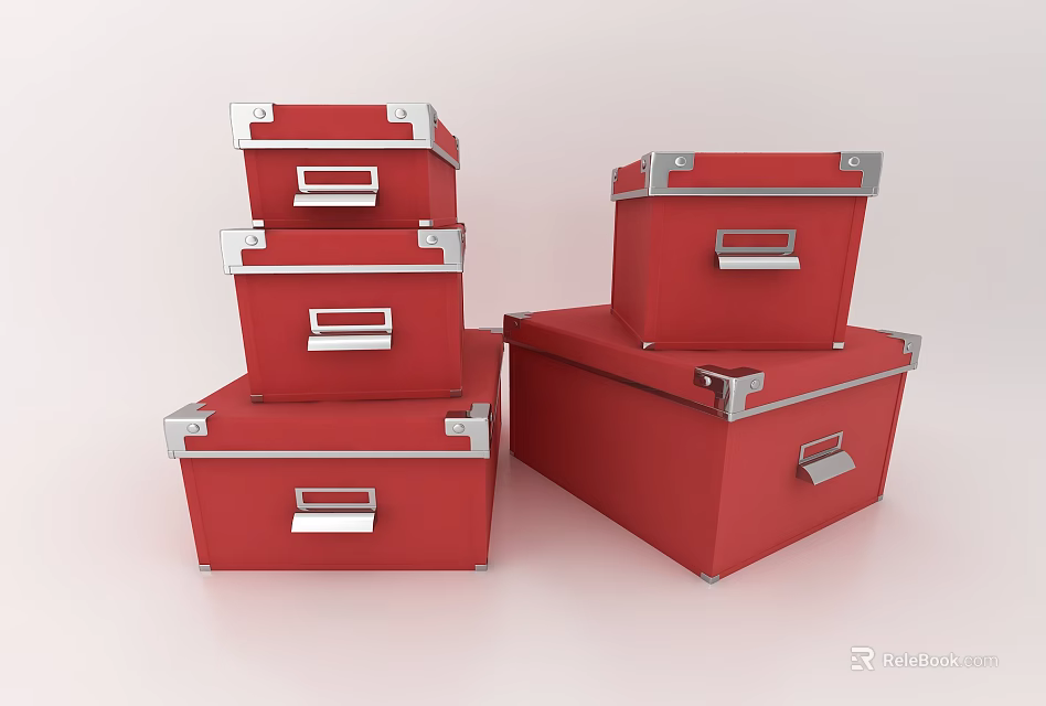 Red Storage Boxes With Metal Clasps And Handles For Home Organization 3d model 