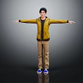 Character With Arms Outstretched Wearing Yellow Jacket Brown Pants And Blue Sneakers On Gray Background