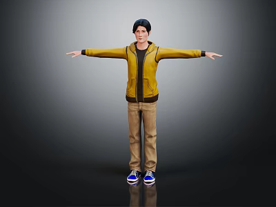 Character With Arms Outstretched Wearing Yellow Jacket Brown Pants And Blue Sneakers On Gray Background 3d model