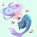 Game Anime Mermaid Character With Long Purple Blue Hair Sparkling Tail And Flying Butterflies Fish