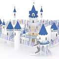 Castle Shaped Playground Equipment with Blue Spires White Body Slide and Colorful Fence