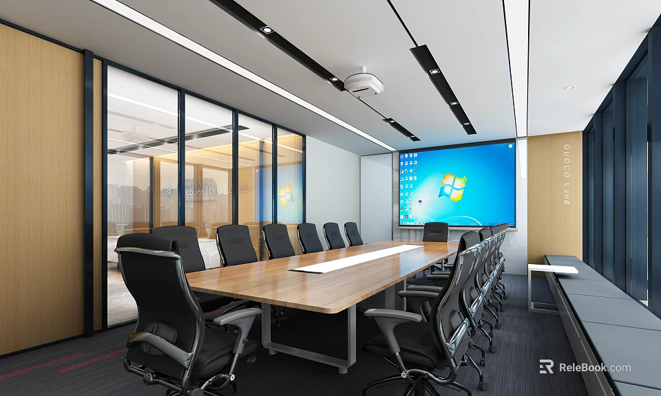 Modern Conference Room Interior With Wooden Table Black Chairs Large Screen And Glass Partitions 3d model 