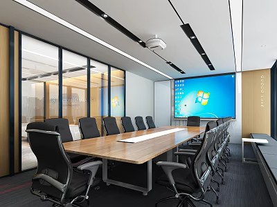 Modern Conference Room Interior With Wooden Table Black Chairs Large Screen And Glass Partitions 3d model