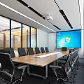 Modern Conference Room Interior With Wooden Table Black Chairs Large Screen And Glass Partitions