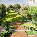 Garden Landscape Design With Wooden Pathway Lush Greenery Trees And Lawn Area
