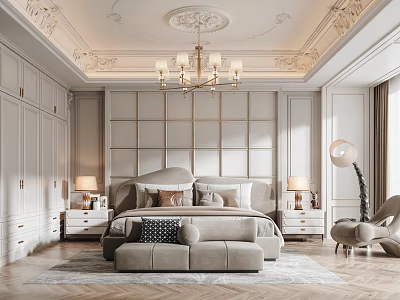 Modern Elegant Bedroom Interior Design With Decorative Ceiling Chandelier Grid Headboard Beige Bed And Rug 3d model