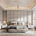 Modern Elegant Bedroom Interior Design With Decorative Ceiling Chandelier Grid Headboard Beige Bed And Rug