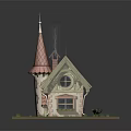 Fairy Tale Cottage With Pink Spire Red Roof Arched Windows And Green Lawn Pathway