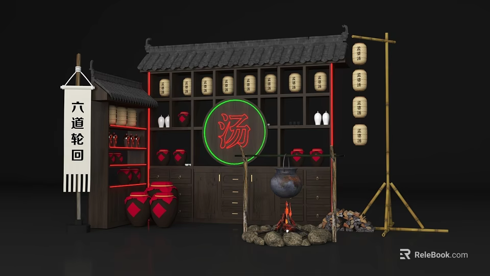 Chinese Style Soup Interactive Area With Neon Sign Wooden Structure Lanterns And Clay Pots 3d model 