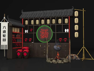 Chinese Style Soup Interactive Area With Neon Sign Wooden Structure Lanterns And Clay Pots 3d model