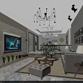 Modern Living Room Dining Area Interior With Chandelier Sofa Coffee Table TV Framed Pictures Plants