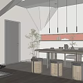 Modern Tea House Interior With Stone Walls Warm Lighting Mirror And Potted Plant