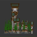 Cartoon Scene Of Multi Layered Wooden Tower With Green Roofs Pine Trees And Stone Bases