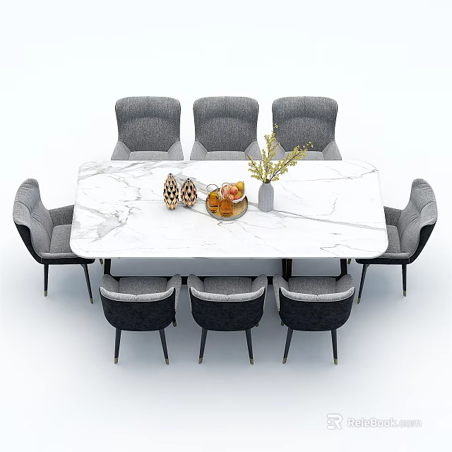 Modern Dining Table Set with Marble Top and Six Gray Chairs and Decorative Items 3d model