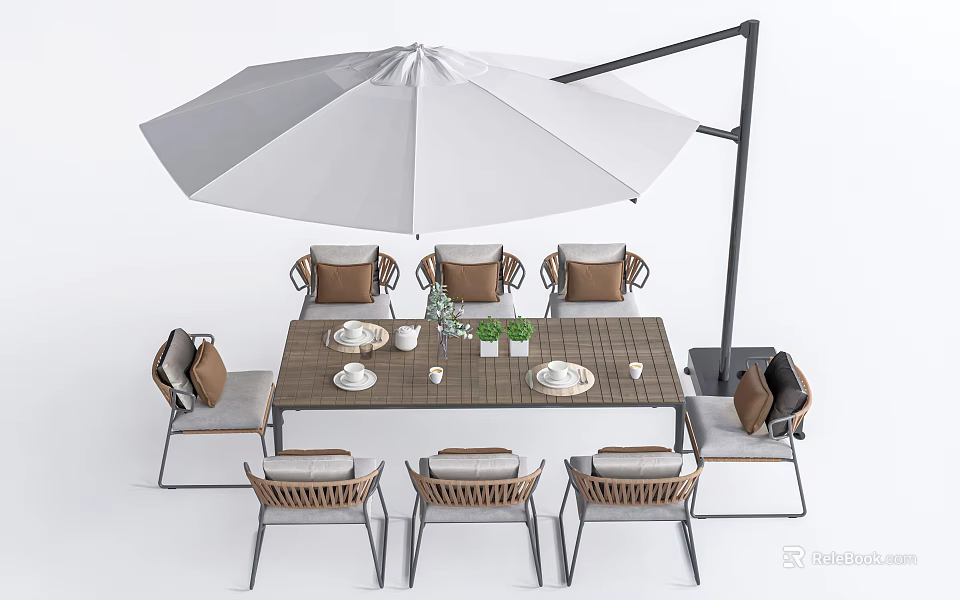 Stylish Outdoor Dining Chairs With Woven Seats Metal Frames And Large Umbrella Table 3d model 