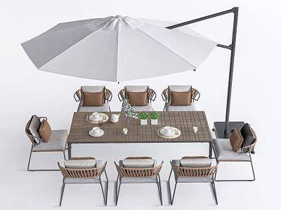 Stylish Outdoor Dining Chairs With Woven Seats Metal Frames And Large Umbrella Table 3d model