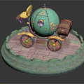 Smart Machine Featuring Green Pumpkin Shaped Carriage With Wheels Wooden Barrel And Stone Wall Base